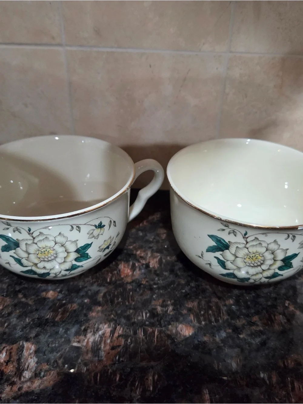 Vintage Floral Bone China Teacup - Cream with Green Floral Accent x2